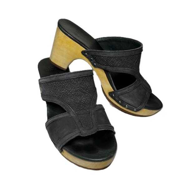 UGG Issa Mosaic Leather Wooden Clogs Blue Size 7 - Picture 1 of 14